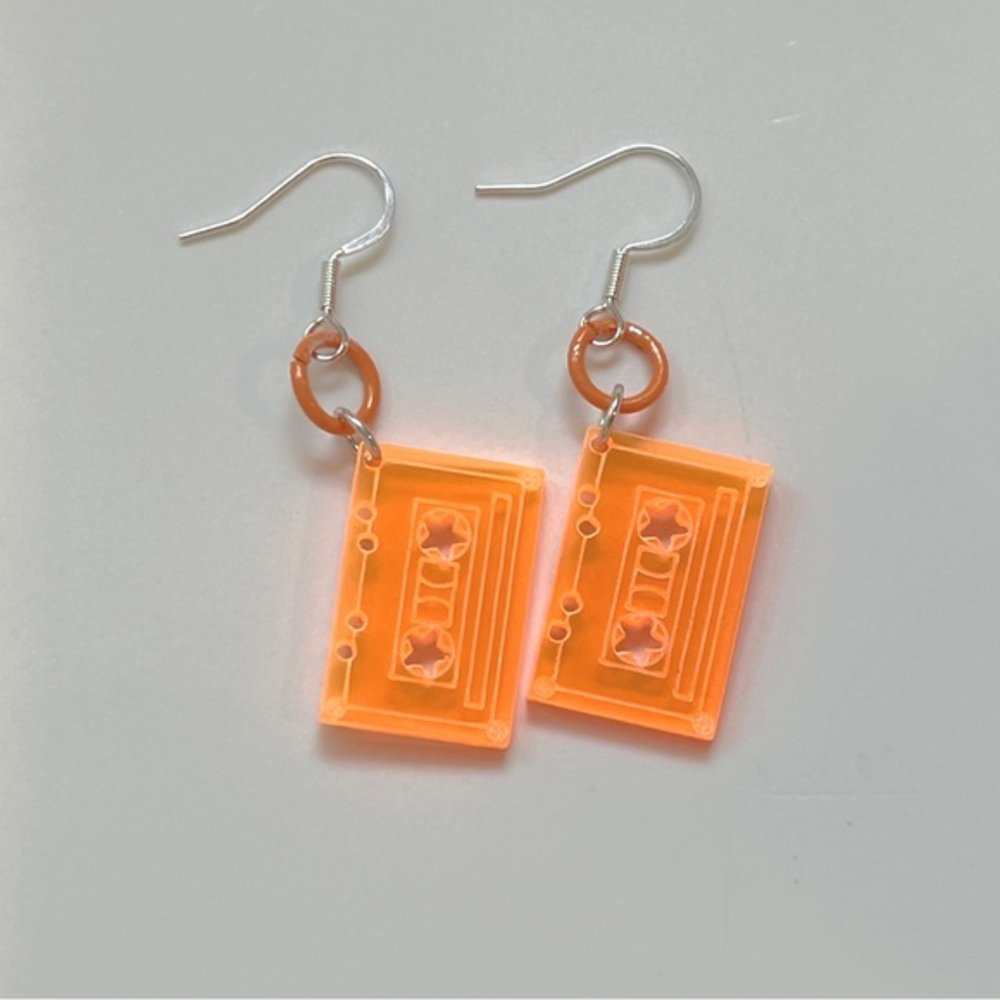 Neon orange cassette tape earrings, sterling plated nwt‎